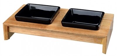 TRIXIE VOERSET KERAMIEK MET HOUTEN ONDERSTEL ZWART 28 X15 X 5 CM